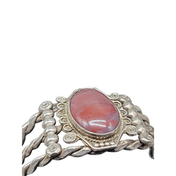 Agate Sterling Silver Open Cuff Bracelet Red Cabachon Detailed 925 Design SZ 6 - Picture 9 of 16